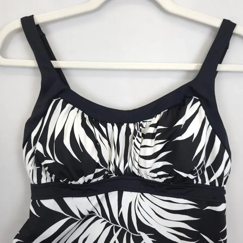Jamaica Bay Tankini‎ Top Women 12 Black White Palm Leaf Print Padded Babydall
